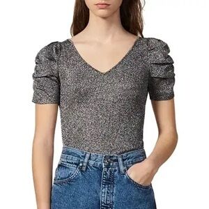 SANDRO Metallic Silver Puff Sleeve Knit Top